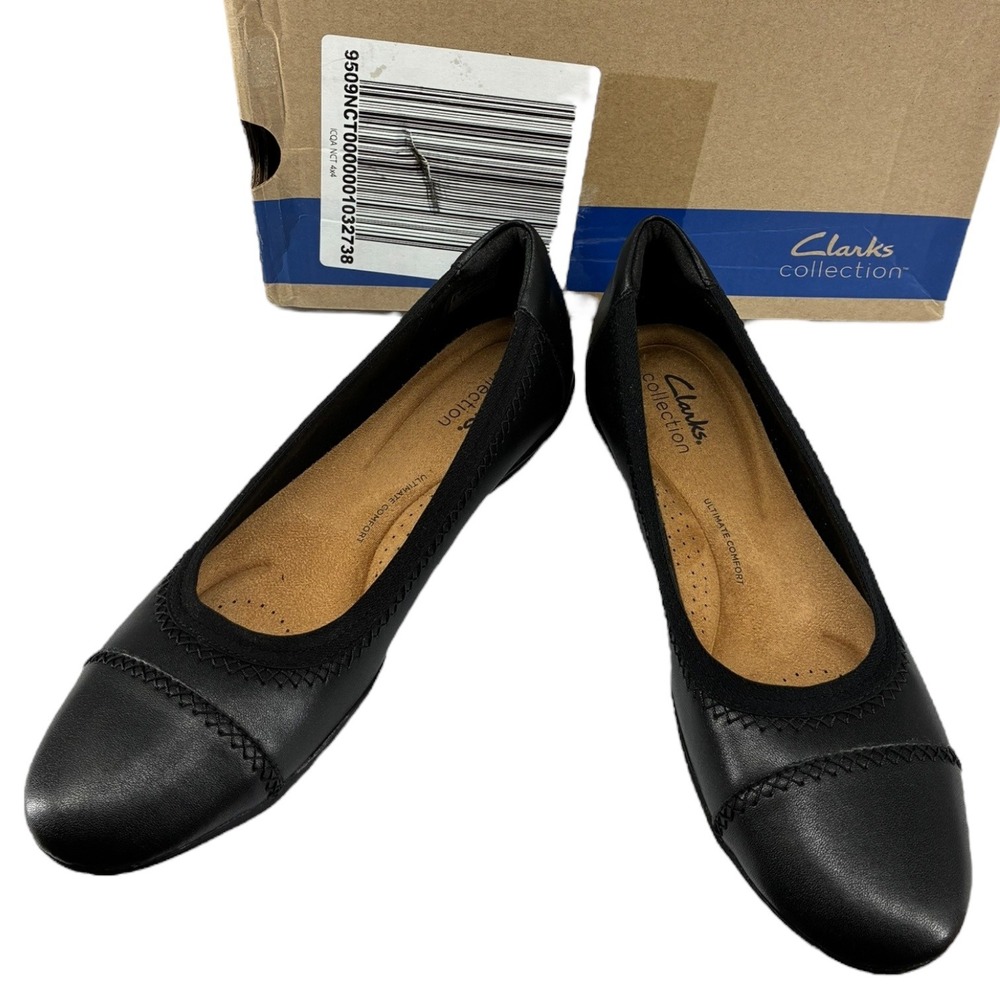 Clarks Sara Bay Black Leather Comfort Ballet Flats‎ Work Shoes 7M NIB